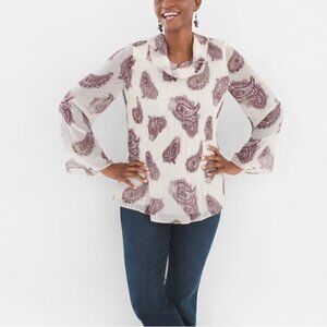 Chicos Blouse Woman 1 US Medium Pleated Paisley Cowl Neck Top Sheer Sleeve